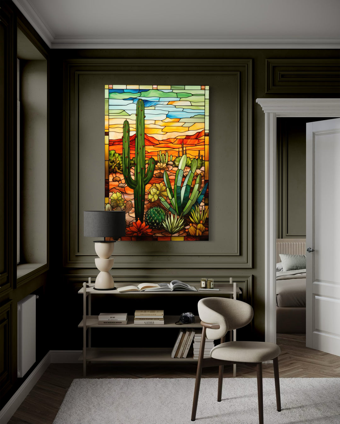 Saguaro Cactus stained glass style framed canvas wall art in a dark green Southwestern room.