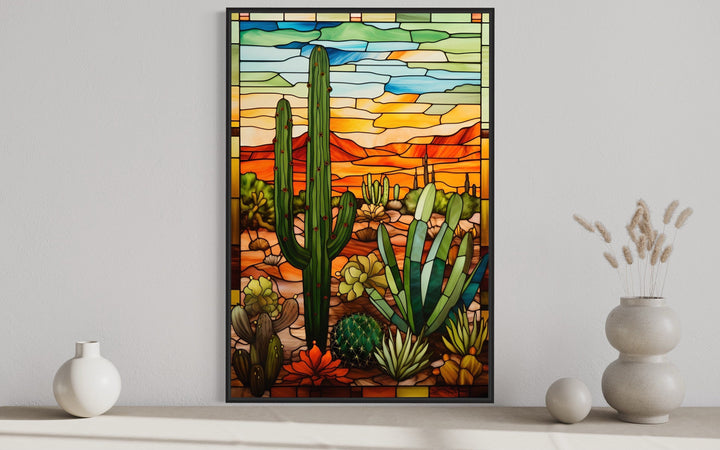 Saguaro Cactus Stained Glass Style Framed Canvas Wall Art