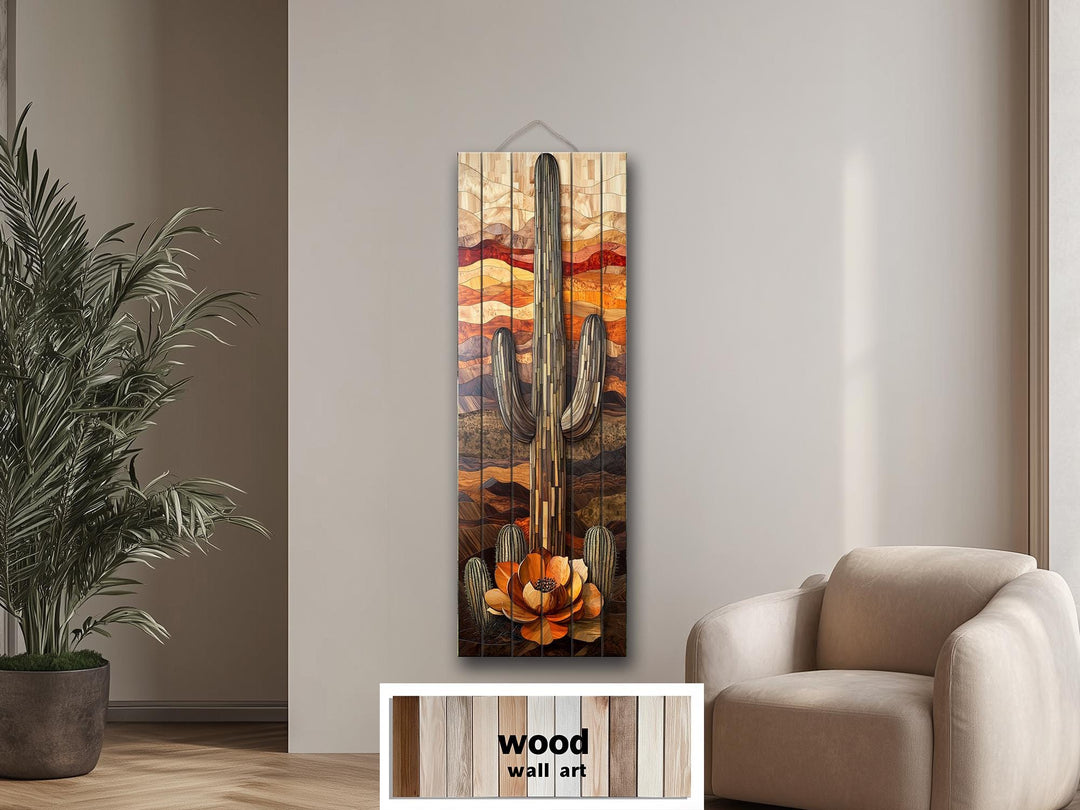 Saguaro Cactus Tall Vertical Real Wood Wall Art