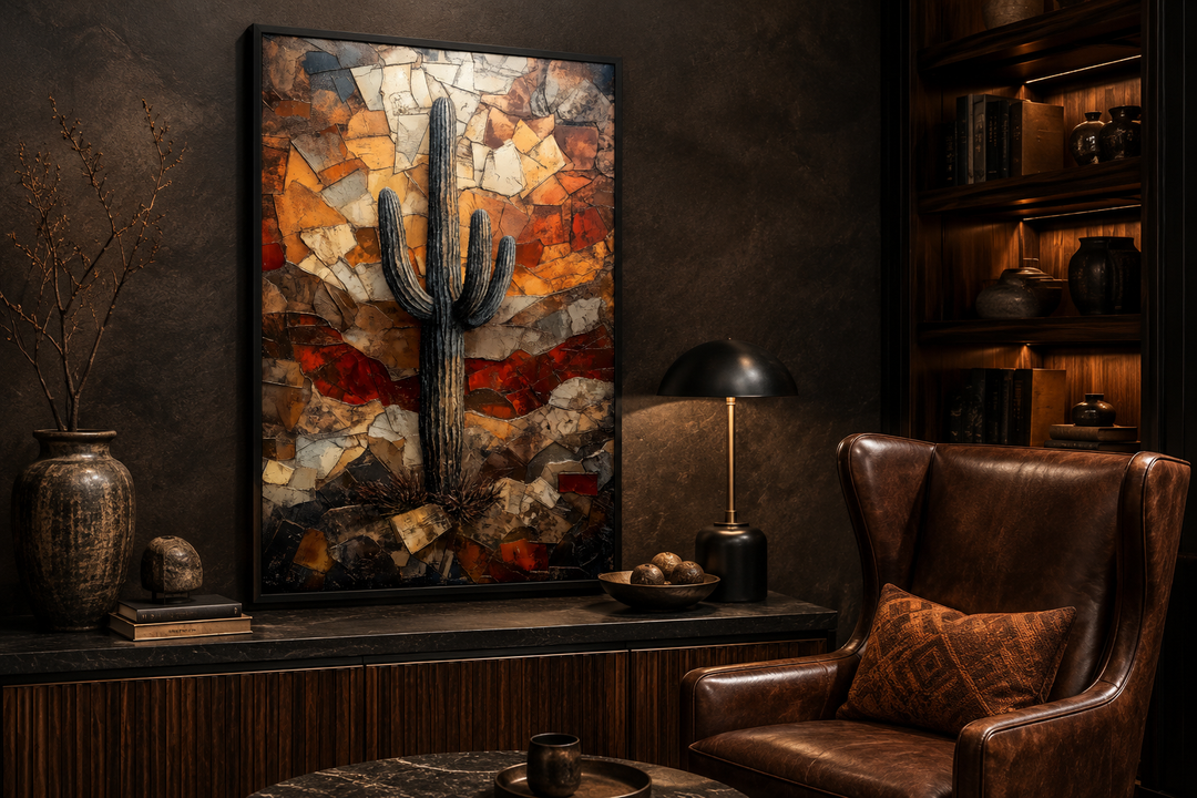 Vertical Saguaro cactus canvas print in a rustic mosaic style with warm earthy tones.