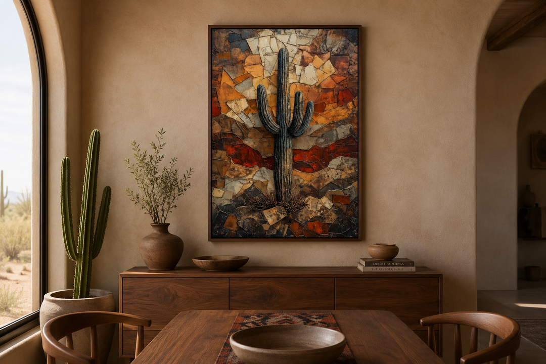 Saguaro cactus canvas print in a mosaic style with warm earthy tones above a wooden sideboard.
