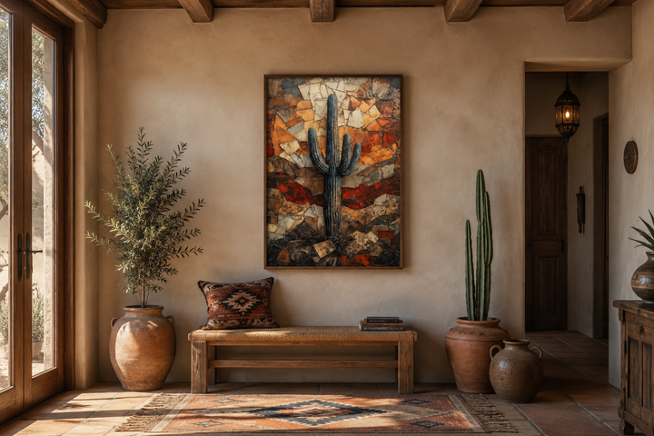 Saguaro cactus canvas print in a rustic mosaic style above a wooden bench in a desert-themed room.