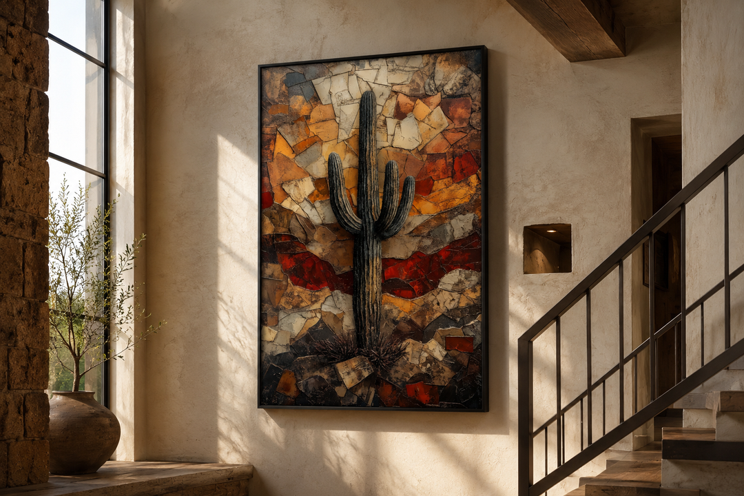 Saguaro cactus canvas print with rustic mosaic-style desert landscape in warm earthy tones.
