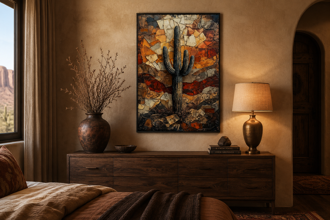 Vertical Saguaro Cactus canvas print in a rustic bedroom with earthy tones and southwestern decor.