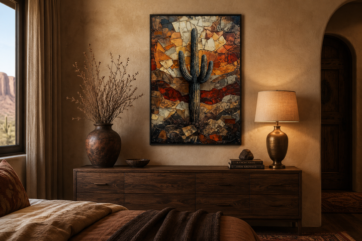 Vertical Saguaro Cactus canvas print in a rustic bedroom with earthy tones and southwestern decor.