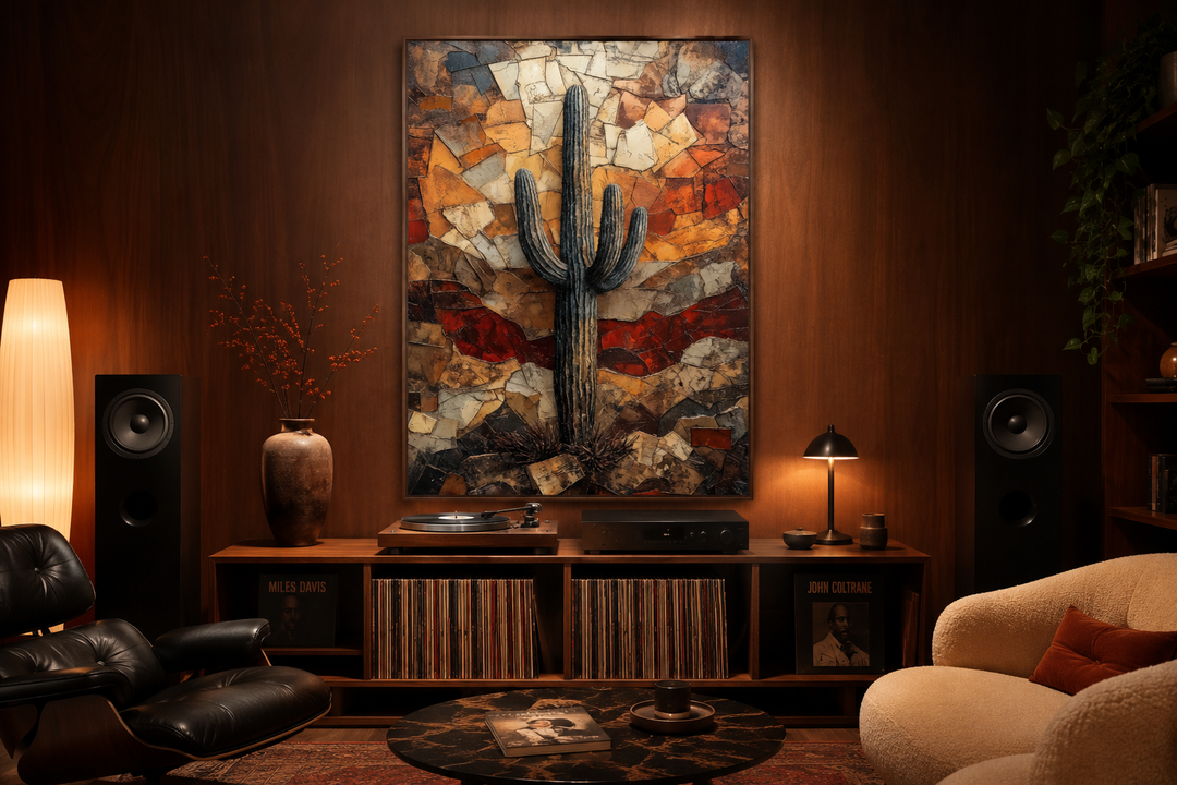 Saguaro Cactus Wall Art canvas print in a rustic desert landscape with warm earthy tones.