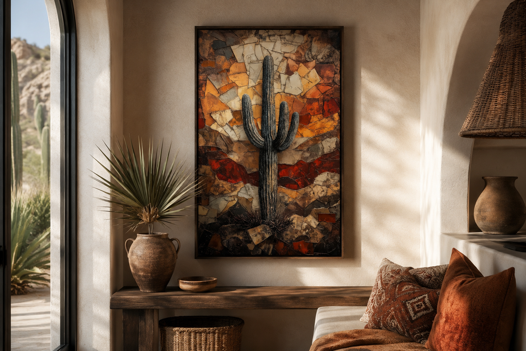 Saguaro cactus wall art canvas print in a rustic desert landscape with warm earthy tones.