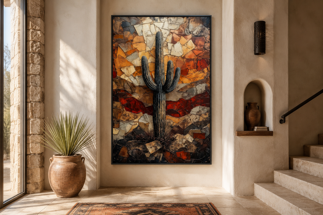 Vertical saguaro cactus canvas print in warm earthy tones on a rustic neutral wall.