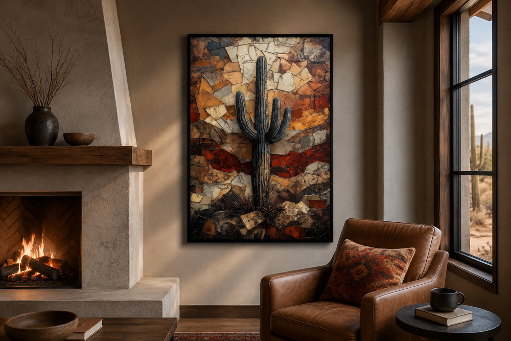 Saguaro Cactus Wall Art canvas print in a rustic living room with a fireplace and leather chair.