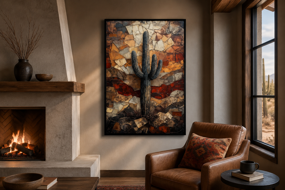 Saguaro Cactus Wall Art canvas print in a rustic living room with a fireplace and leather chair.