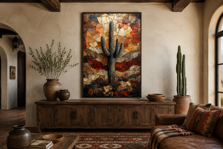 Saguaro Cactus Wall Art canvas print in a rustic southwestern living room with earthy decor.