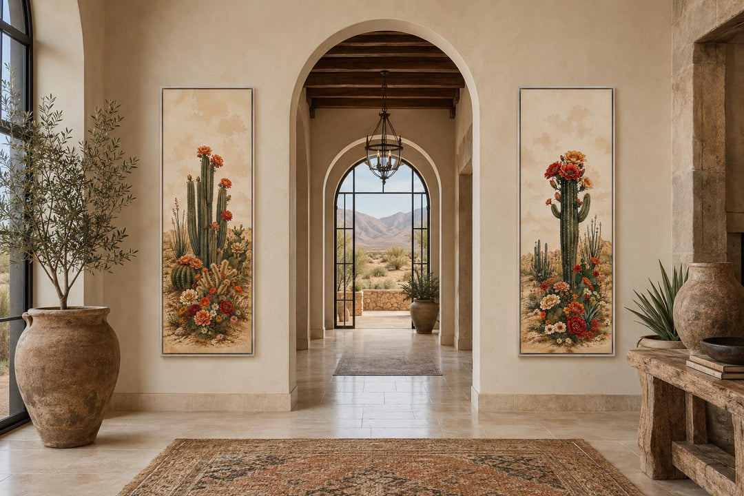 Set of 2 vertical saguaro cactus botanical prints with red and orange blooms in a desert entryway.