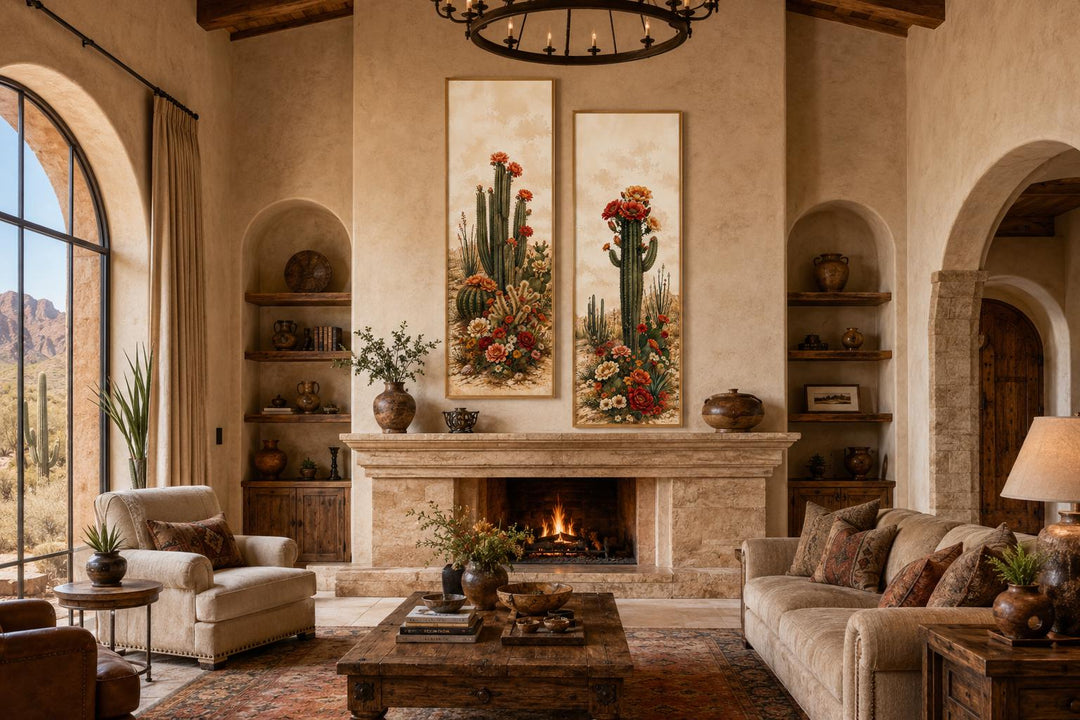 Set of 2 vertical Saguaro Cactus botanical prints with red blooms above a stone fireplace.