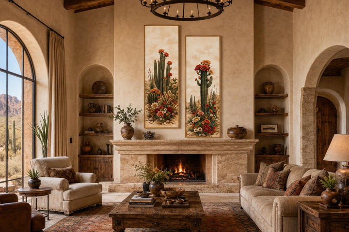 Set of 2 vertical Saguaro Cactus botanical prints with red blooms above a stone fireplace.