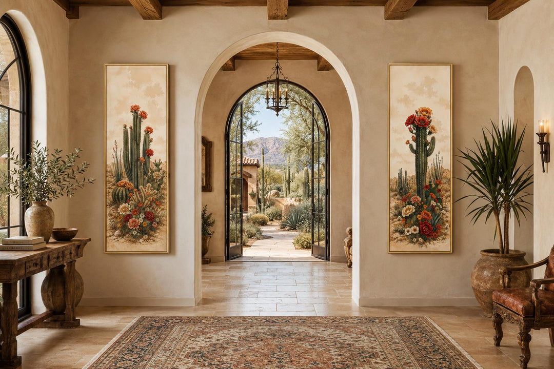 Set of 2 vertical Saguaro cactus botanical prints flanking an arched entryway in a desert home.