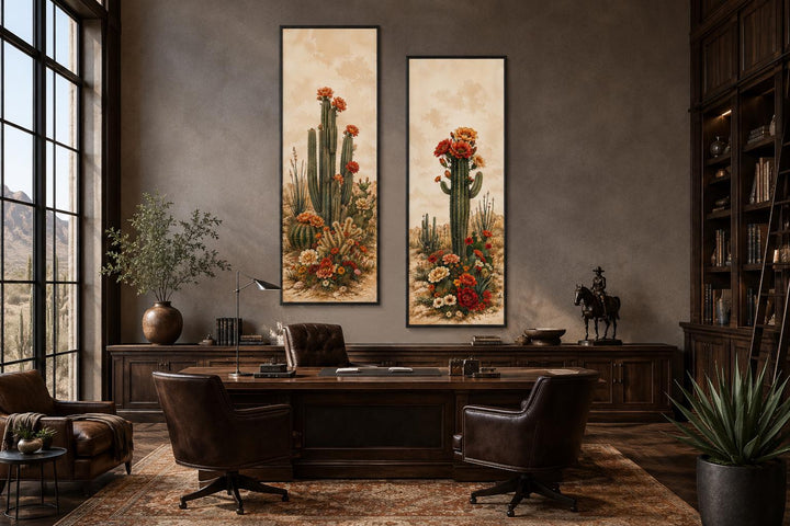 Set of two vertical botanical prints featuring saguaro cacti with orange and red blooms.