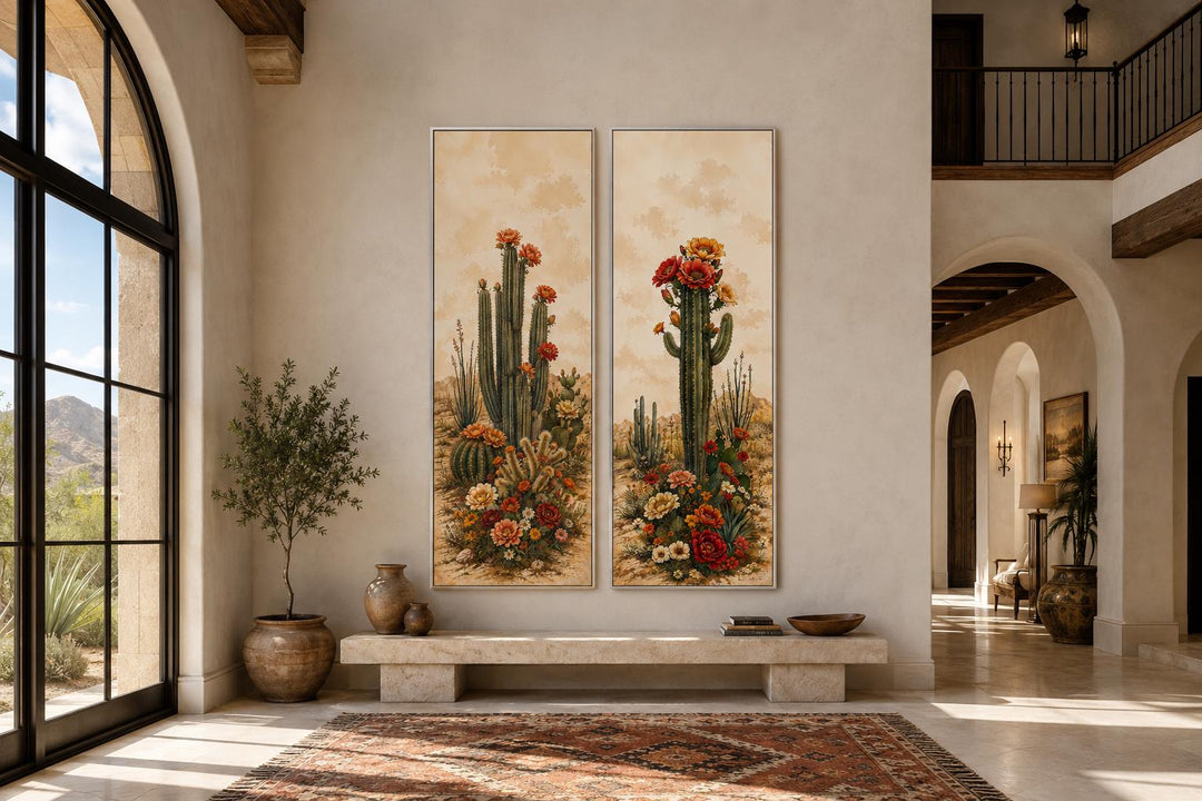 Set of 2 vertical botanical prints featuring Saguaro cacti with orange and red blooms in an entryway.