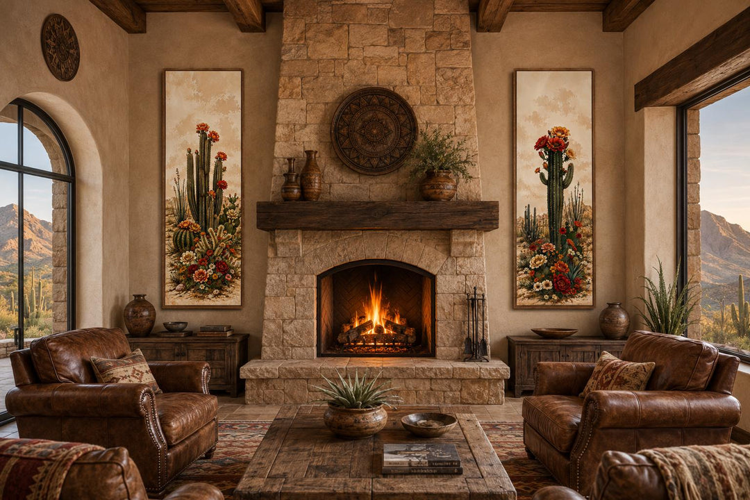 Set of 2 vertical Saguaro cactus botanical prints with red blooms flanking a stone fireplace.