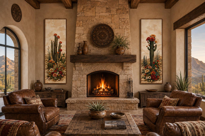 Set of 2 vertical Saguaro cactus botanical prints with red blooms flanking a stone fireplace.