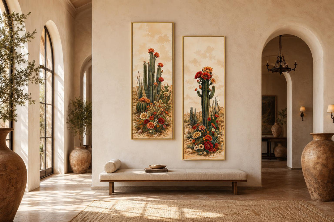 Set of 2 vertical botanical prints featuring saguaro cacti with red blooms in a desert entryway.