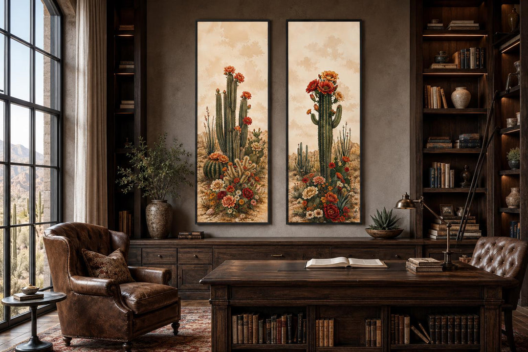 Set of two vertical botanical prints featuring saguaro cacti with red and orange blooms.
