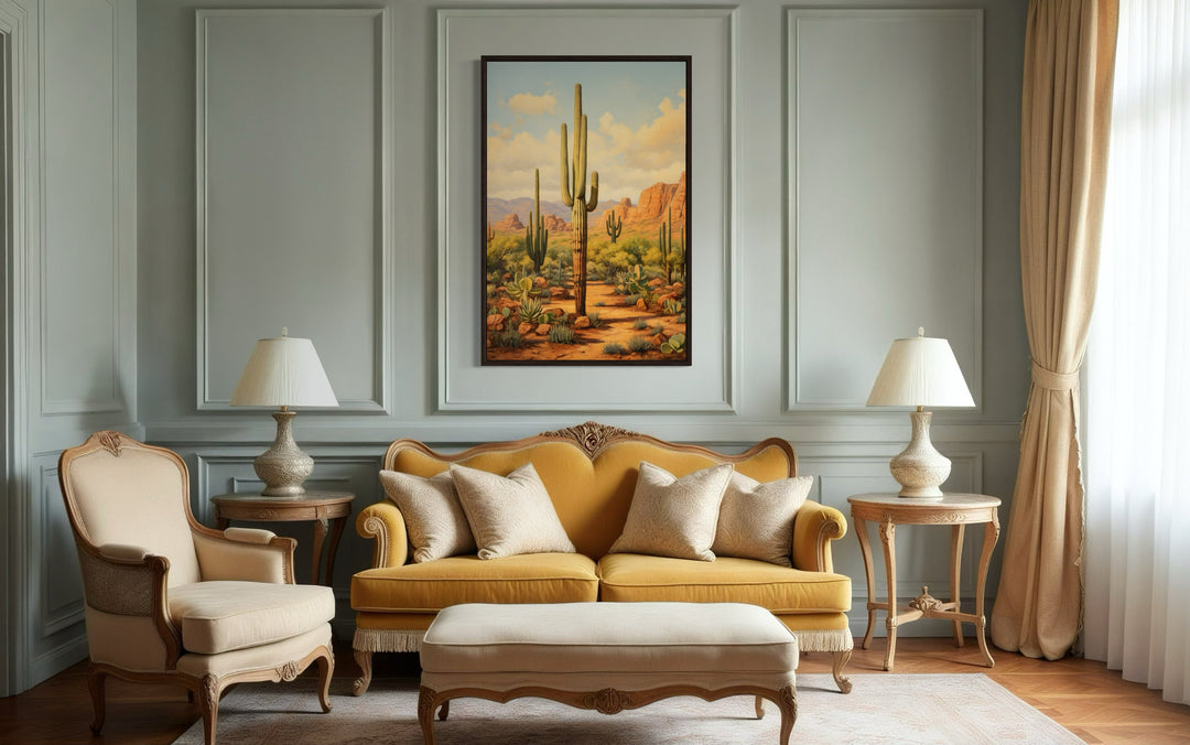 Saguaro Cactus in Arizona Desert Framed Canvas Wall Art hanging above a yellow sofa in a living room.