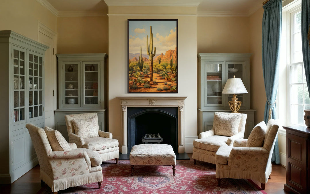 Saguaro Cactus in Arizona Desert Framed Canvas Wall Art hanging above a fireplace in a living room.