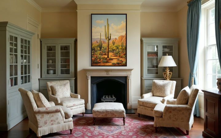 Saguaro Cactus in Arizona Desert Framed Canvas Wall Art hanging above a fireplace in a living room.