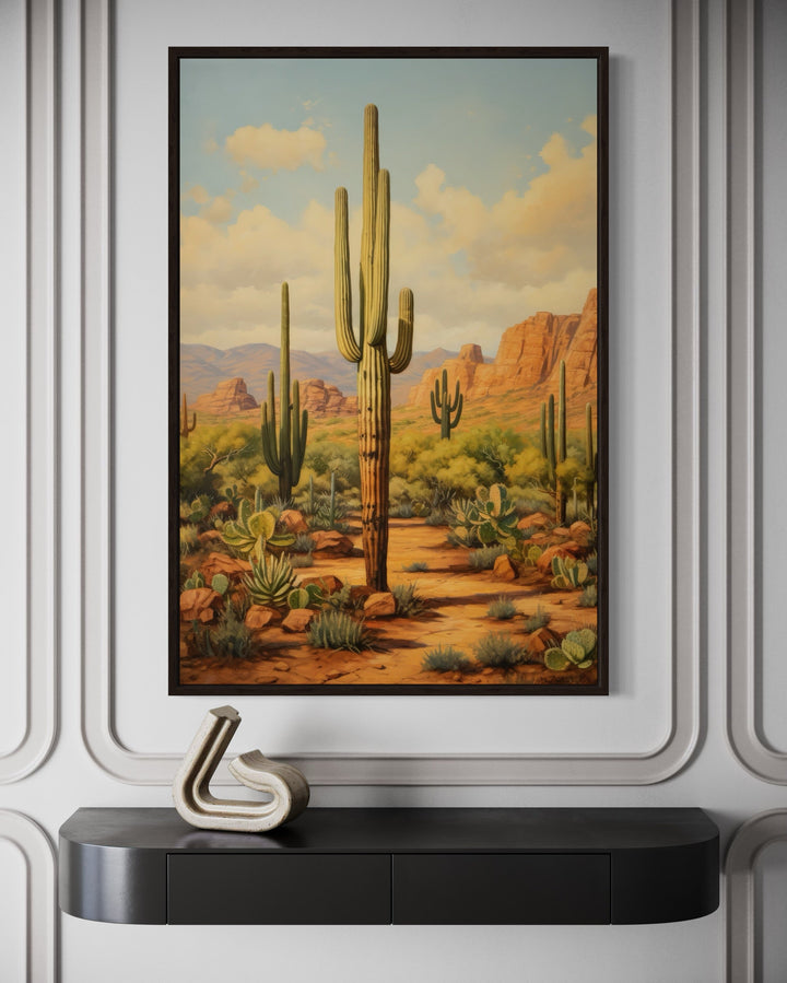 Framed canvas wall art of a Saguaro cactus in an Arizona desert landscape above a black console.