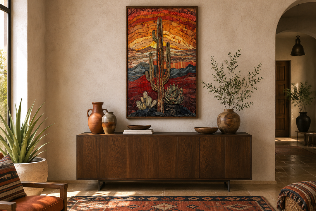 Saguaro cactus in the desert burgundy red and sage green wall art canvas print in a wooden frame.