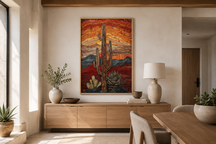 Saguaro cactus desert wall art in burgundy, red, and sage green hanging above a wooden sideboard.