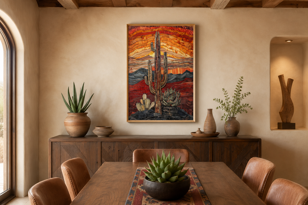 Framed canvas print of a saguaro cactus in a desert landscape with burgundy, red, and sage tones.