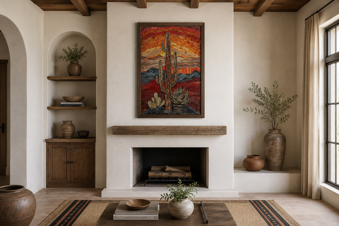 Framed saguaro cactus wall art in burgundy, red, and sage green above a fireplace in a rustic room.