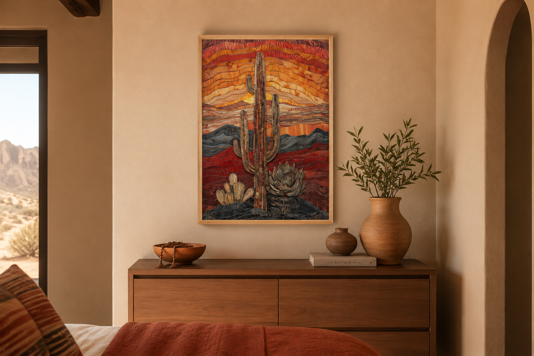 Saguaro cactus desert wall art in burgundy, red, and sage green framed above a wooden dresser.