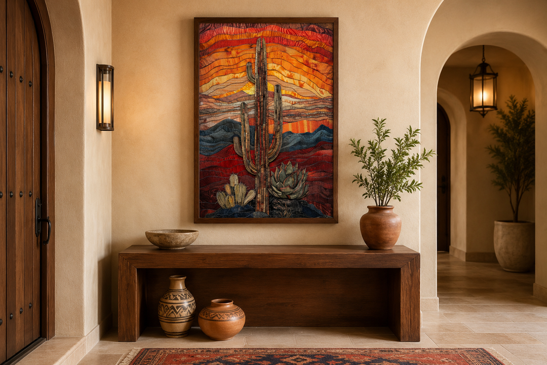Southwestern wall art of a saguaro cactus in a desert landscape with burgundy and orange hues.