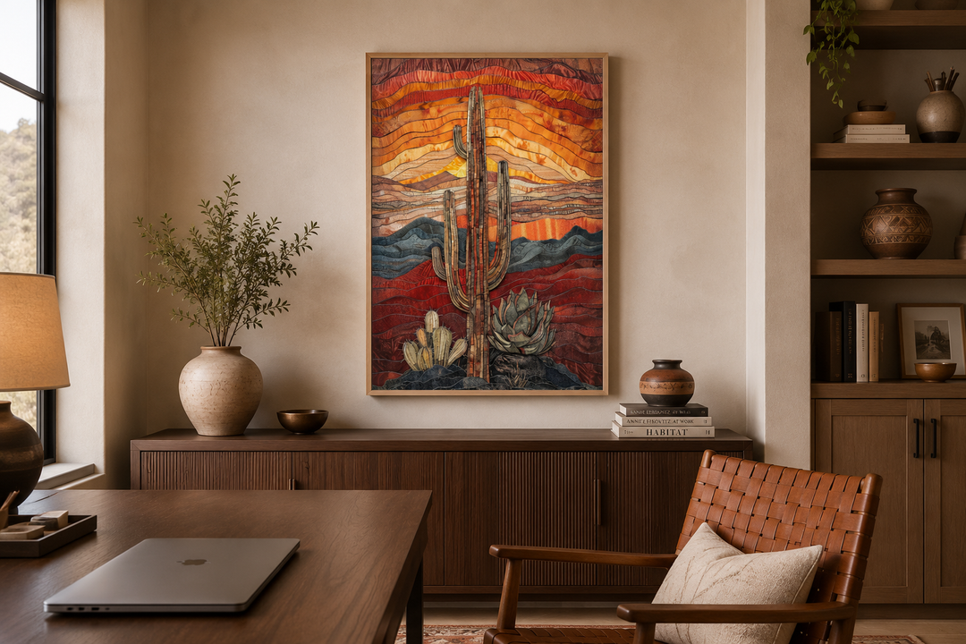 Saguaro cactus wall art in burgundy, red, and sage green hanging above a wooden sideboard.