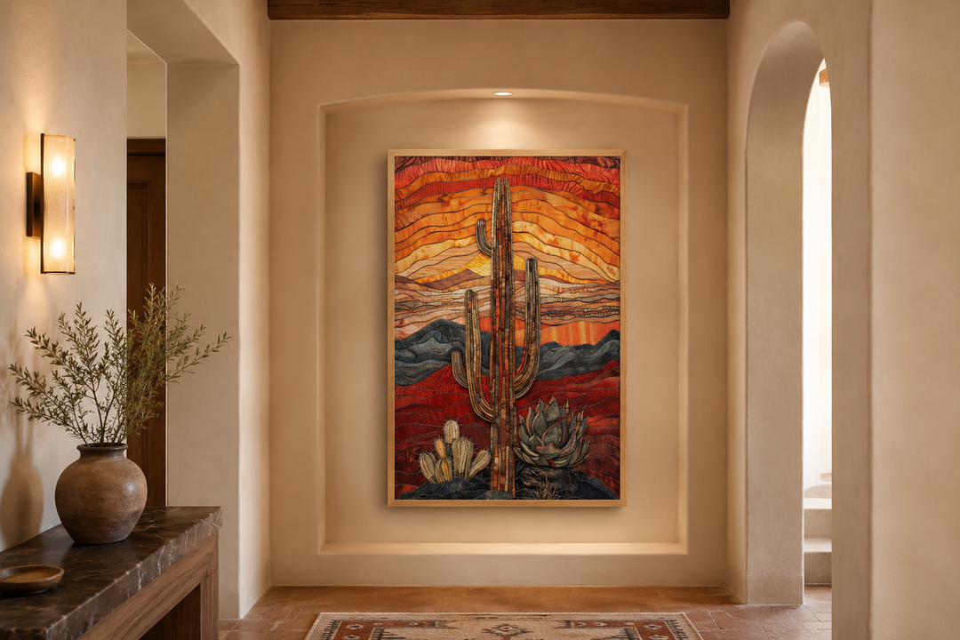 Saguaro cactus wall art in burgundy, red, and sage green hanging in a desert-style hallway niche.