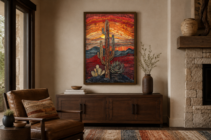 Saguaro cactus wall art in burgundy, red, and sage green hanging above a dark wood sideboard.