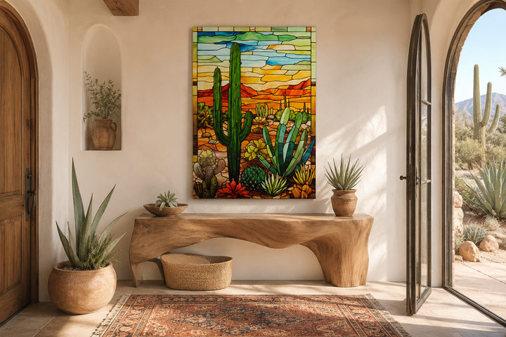 Saguaro Cactus stained glass style framed canvas wall art in a Southwestern entryway.