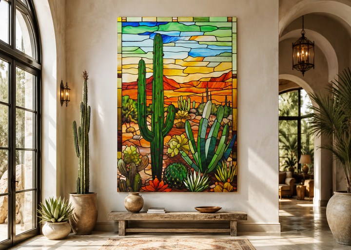 Saguaro cactus stained glass style framed canvas wall art in a Southwestern desert landscape.