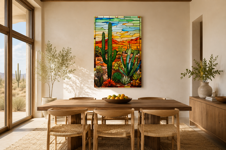 Saguaro Cactus stained glass style framed canvas wall art in a modern Southwestern dining room.
