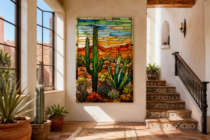 Saguaro cactus stained glass style framed canvas wall art in a Southwestern entryway.