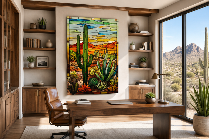 Saguaro cactus stained glass style framed canvas wall art in a modern Southwestern office.
