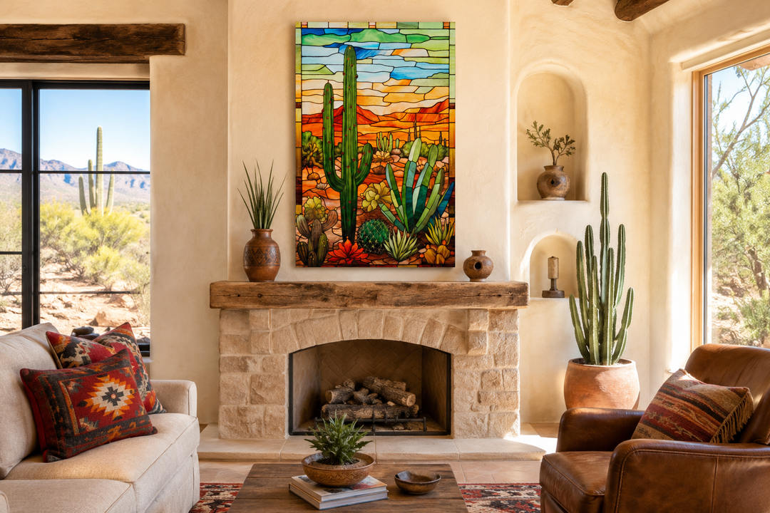 Saguaro cactus stained glass style framed canvas wall art above a fireplace in a desert-style room.