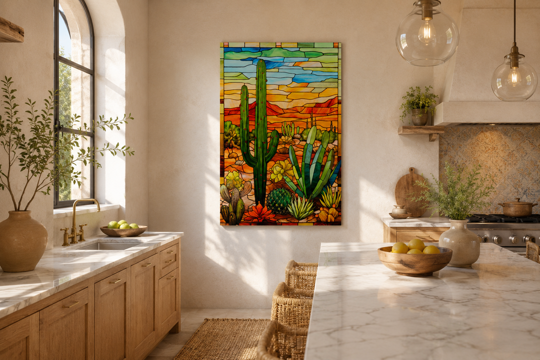 Saguaro cactus stained glass style framed canvas wall art in a bright, modern kitchen.