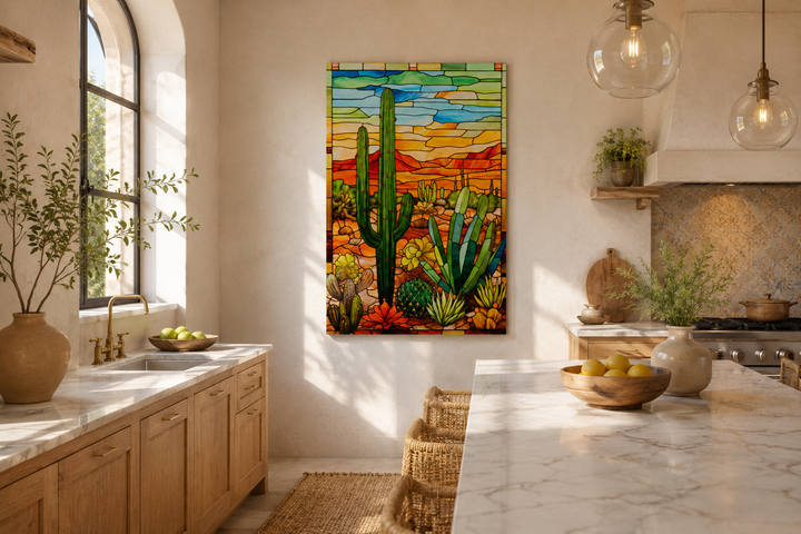 Saguaro cactus stained glass style framed canvas wall art in a bright, modern kitchen.