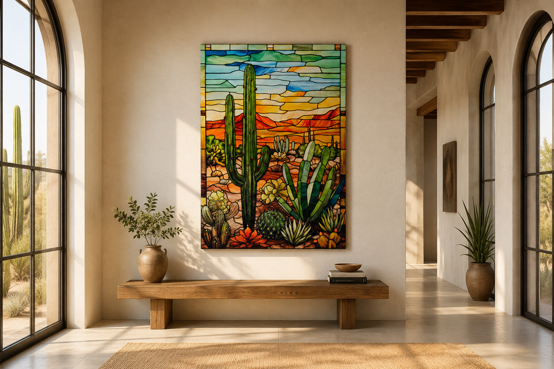 Saguaro Cactus stained glass style framed canvas wall art in a Southwestern room setting.