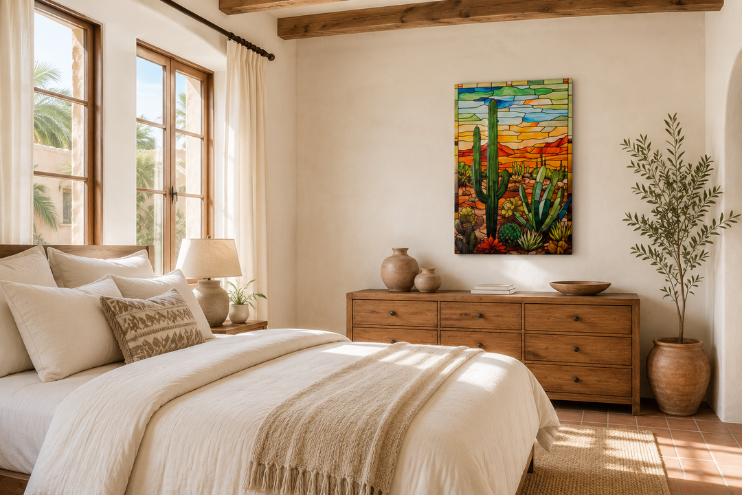 Saguaro Cactus stained glass style framed canvas wall art in a Southwestern bedroom setting.