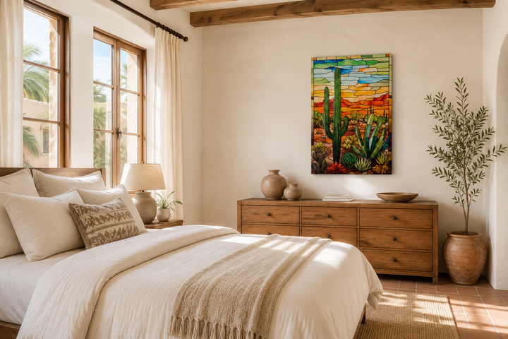 Saguaro Cactus stained glass style framed canvas wall art in a Southwestern bedroom setting.
