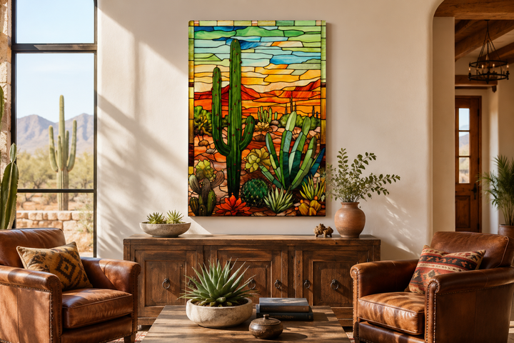 Saguaro Cactus stained glass style framed canvas wall art in a Southwestern living room.